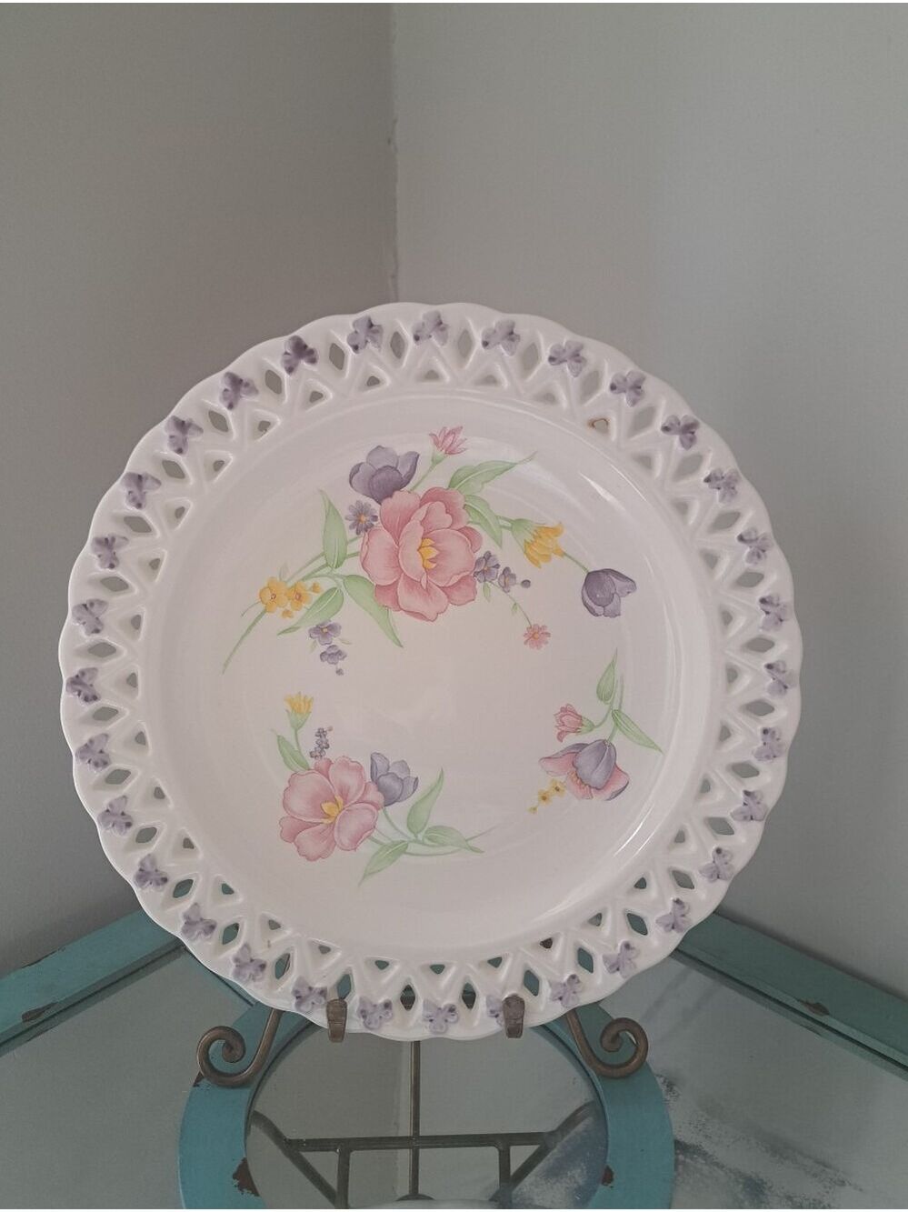 Vintage Mariner Tominaga Japan Floral Backstamp serving plate lattice edge 13"